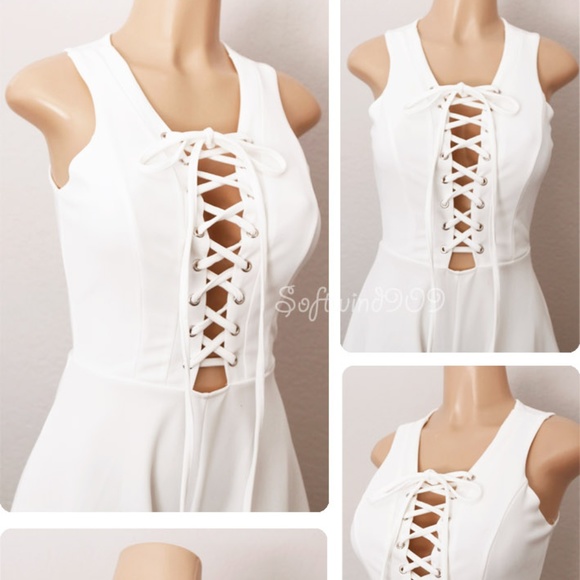 Ivory White Plunge Laced Up Stretchy Sexy Romper - Picture 3 of 8